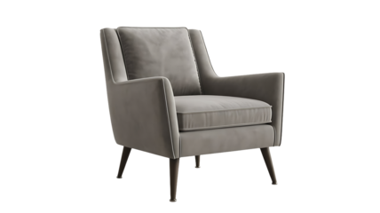 Modern gray upholstered armchair with wingback design and dark wood legs for contemporary living room or office interior decor isolated on transparent background
