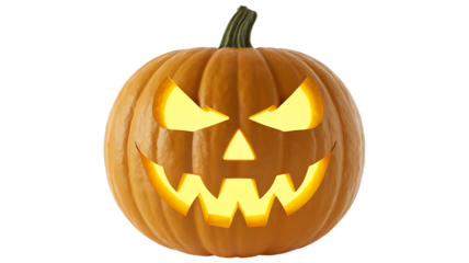 Glowing jackolantern pumpkin with scary face carved for halloween celebration isolated on transparent background