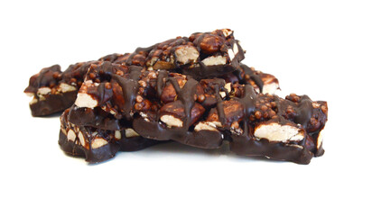 Stack chocolate chip with peanuts protein bars isolated on a white background.