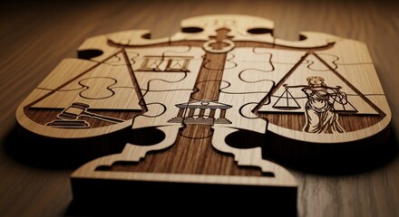 Wooden Justice Puzzle: Scales, Gavel, Courthouse, Lady Justice, Law Concept
