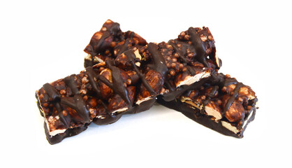 Stack chocolate chip with peanuts protein bars isolated on a white background.