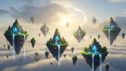 Fantasy Floating Islands with Waterfalls and Glowing Portals in a Dreamy Sky.