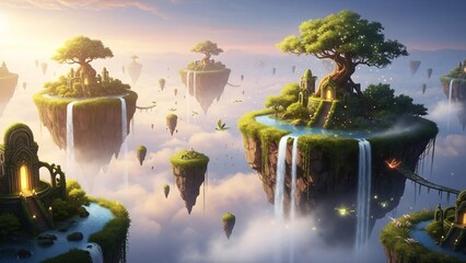 Fantasy Landscape with Floating Islands and Waterfalls.