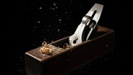 Wood Plane in Action: Detailed Close-Up with Flying Wood Shavings.