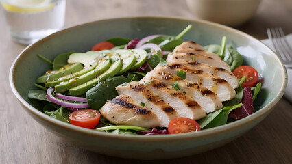 Grilled Chicken Salad, Healthy Lunch, Avocado and Veggies
