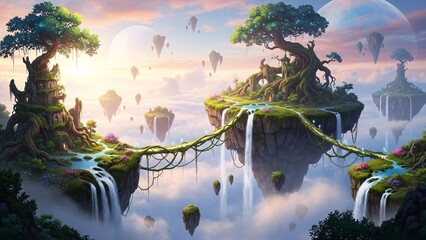 Fantasy Landscape with Floating Islands, Waterfalls, and Lush Greenery at Sunset.