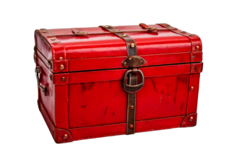 Vintage Red Metal Box with Rusted Iron Straps isolated on transparent or white background