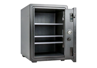 Metal safe with two shelves isolated on transparent or white background