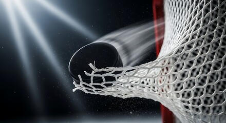 Puck in the Net: A dynamic shot capturing the split-second of a hockey puck soaring into the net, a powerful display of precision and athleticism, set against a dramatic backdrop of light and shadow.