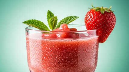 Fresh strawberry smoothie with mint leaf and wet glass on green background for summer drink.