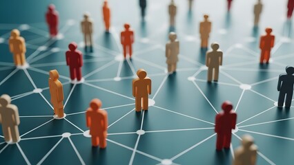 Abstract network of interconnected people represented by miniature figures on a geometric background