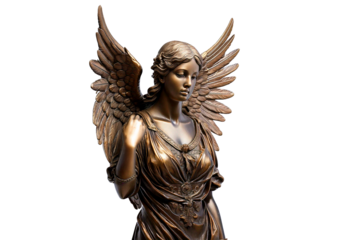 Antique bronze angel sculpture with detailed wings, showcasing vintage craftsmanship. isolated on transparent or white background