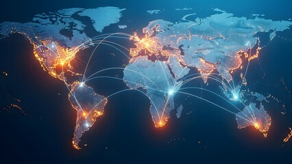 Global network connection world map with bright city lights and data flow