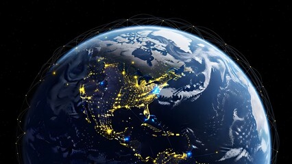 Dramatic nighttime view of earth from space showing city lights and cloud cover