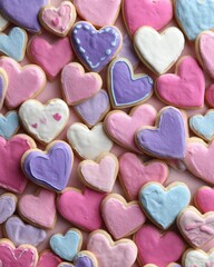 Fototapeta premium Assorted Valentine cookies densely arranged with heart shapes, creating a festive and romantic dessert background.