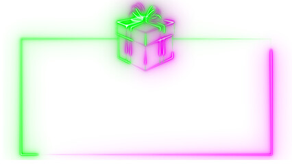 Colorful neon outline gift box with a bow, set in a white frame, surrounded by dynamic fluid green and magenta abstract shapes, creating a modern vibrant background illustration on a deep purple base.