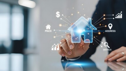 Hand touching glowing house icon, representing real estate investment, property technology, and smart home management for future business growth and digital asset solutions