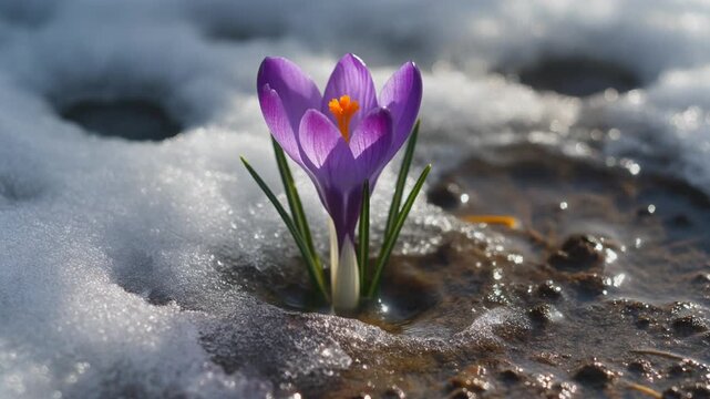 Close-Up of Purple Crocus Emerging from Melting Snow. Seasonal Nature / Winter to Spring Transition. A purple crocus flower pushing its way through a thin layer of crusty melting snow and wet earth.
