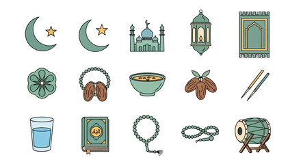 Ramadan icons crescent moon, mosque, dates, prayer rug, Quran, drum, and rosary beads