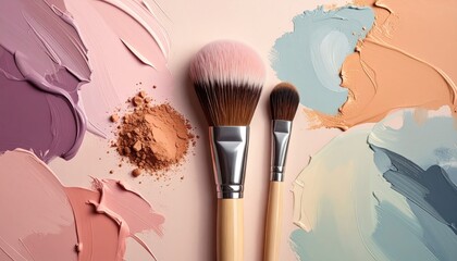 Makeup brushes on pastel-colored cosmetic swatches