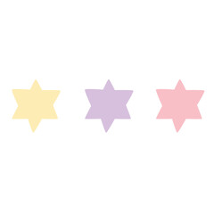 Set of three pastel star-like shapes in yellow, lavender, and pink tones, designed as clean flat decorative vector elements for creative modern graphics.