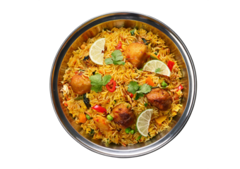 Indian vegetable biryani in balti dish isolated on transparent or white background