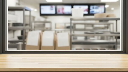 Commercial usage and mockups blurred restaurant interior with wooden countertop