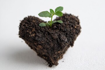 Young plant sprouting from heart-shaped soil, representing growth, care, and nurturing love.
