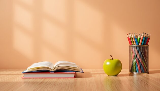 Sunlit study still life with open books green apple and colored pencils