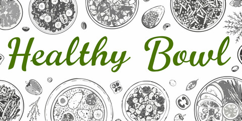 A patterned background featuring sketched healthy bowls and fresh produce