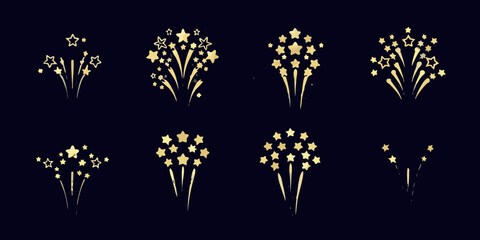 Golden sparkling stars and firework bursts against a dark background