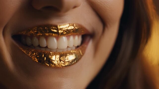 Cinematic macro shot of a human mouth corner smiling. Hyper-detailed skin shows natural stretching. Lip cracks filled with metallic gold leaf texture reflect warm amber side light. Chiaroscuro contras