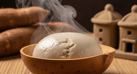 Fototapeta premium Smooth Central African Fufu – Pounded Cassava Dough in Calabash Plate, Cassava Root & Mud-Brick Granary Model Background
