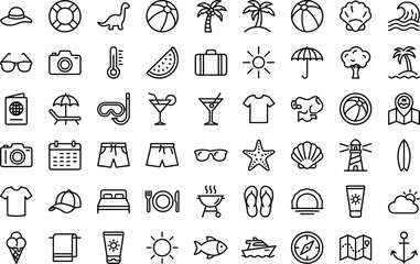Summer beach vacation icon set featuring travel elements, holiday symbols, tropical activities, ocean items, outline design, perfect for tourism graphics