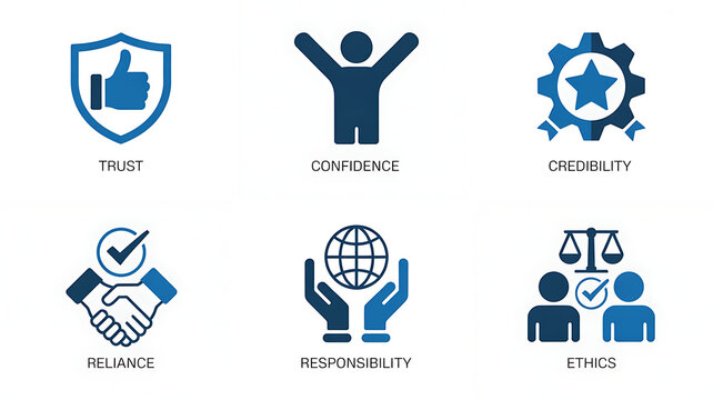 Core values business icons depicting trust confidence ethics responsibility credibility reliance principles aimed to build lasting relationships