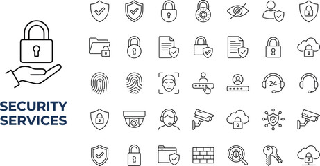 Security services icon collection, cybersecurity protection symbols, data privacy icons, surveillance camera graphics, secure access authentication elements, modern digital safety illustration set