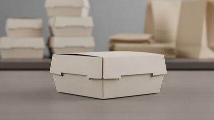 A simple light beige cardboard bakery box with a hinged lid sits closed on a neutral surface with blurred stacked boxes in the background