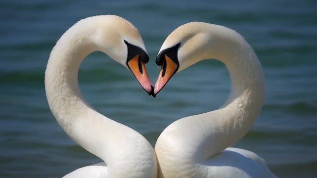 White swans greeting each other, forming a heart, mp4 video. AI