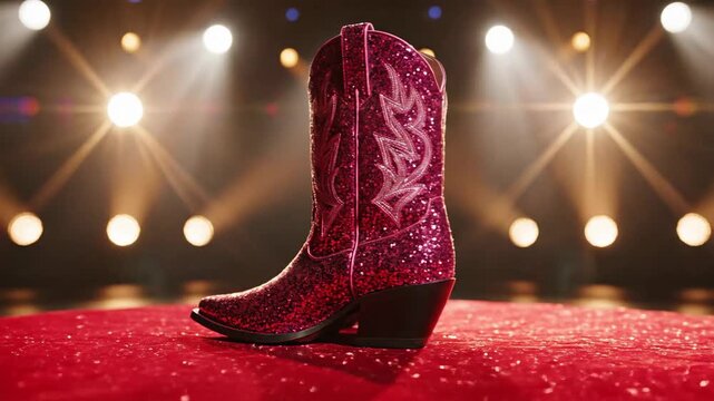 A pair of sparkly pink cowboy boots displayed on a red stage, glamorous fashion concept, glitter reflections, stylish composition