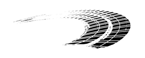 Tire track. Tyre mark of car, bike, motorcycle with grunge effect on white background. Wheel footprint, road element, dirty rubber protector pattern.