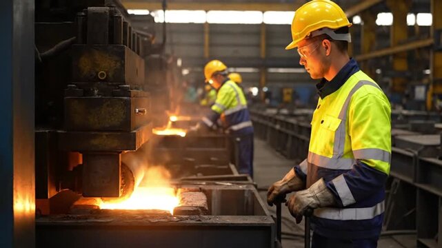 Workers in a metal foundry wearing safety gear, handling glowing hot metal with industrial machinery in a manufacturing plant.