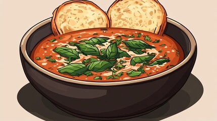 Delicious tomato soup served with toasted bread and fresh basil leaves
