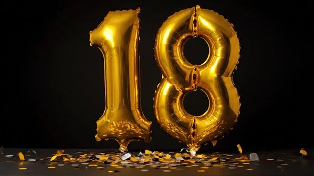 Golden "18" foil balloons surrounded by falling and scattered confetti on dark background
