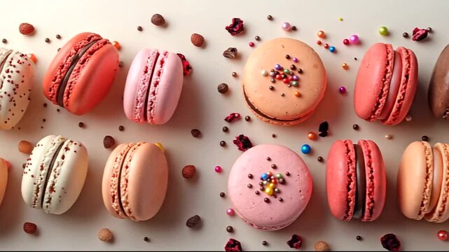 Colorful macarons arranged with toppings on a table