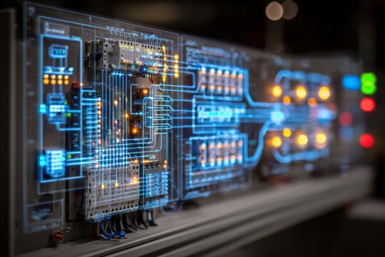 Programmable logic controller shown half physical and half digital, highlighting industrial automation and smart control systems.