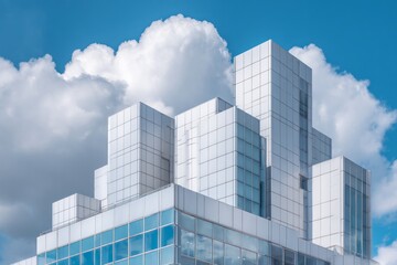 Obraz premium Modern glass and metal skyscraper rises against a bright cloudy sky.
