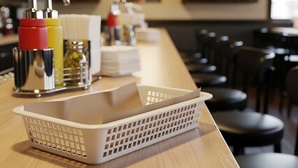 Empty basket on restaurant counter with condiments