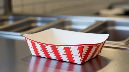 Red and white striped paper food tray on a metal counter