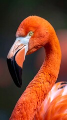 Flamingo portrait featuring vivid orange feathers, distinctive beak, and intense gaze