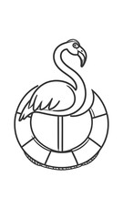 Flamingo resting on a life preserver, depicted in a simple, clean line art style